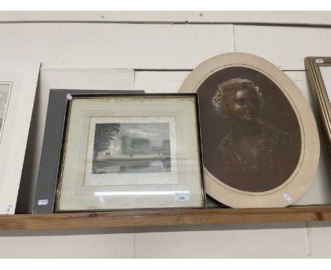 Mixed Lot: 19th Century head and shoulders portrait of a lady together with a coloured engraving The Library and a further co