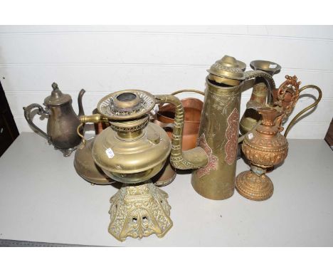 Mixed Lot: Brass based oil lamp, various copper and brass vases, jugs, kettles, tankards etc