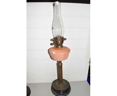 Victorian oil lamp with peach glass font and brass column base