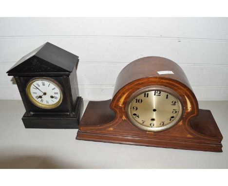 Mixed lot comprising a Victorian black slate cased mantel clock together with a further mahogany veneered clock case