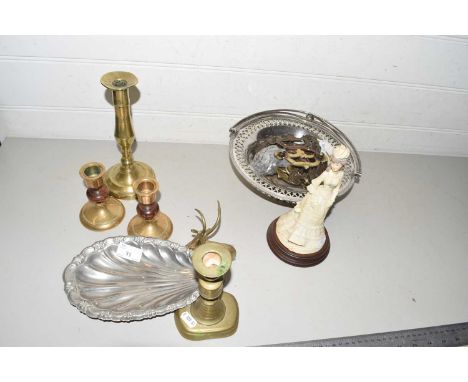 Mixed Lot:  Brass candlesticks, various furniture handles, silver plated table basket, resin ornament etc