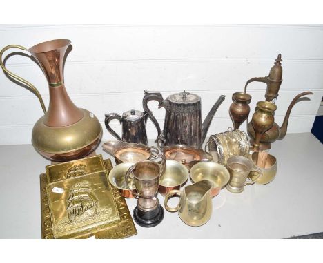 Mixed Lot: Various metal wares to include silver plated sauce boats, tea wares, copper jug, brass  mounted wall letter rack e