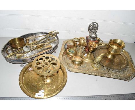 Mixed Lot: Large brass serving tray, various small brass vases, candlesticks, small coffee grinder, assorted cutlery, impleme