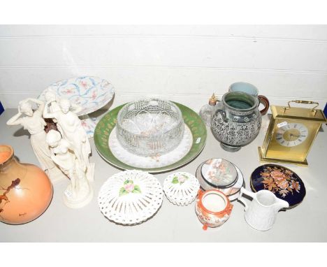 Mixed Lot: Group of resin busts, various vases, pedestal cake plate, cut glass bowl, mantel clock, gilt decorated wall charge