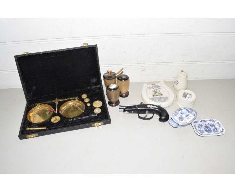 Mixed Lot: Cased brass beam scales, a small lighter formed as a gun, small horn condiment pots, crested china wares and other