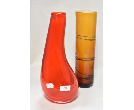 Two mid century art glass vases including Krosno red teardrop and unmarked orange and black drip design