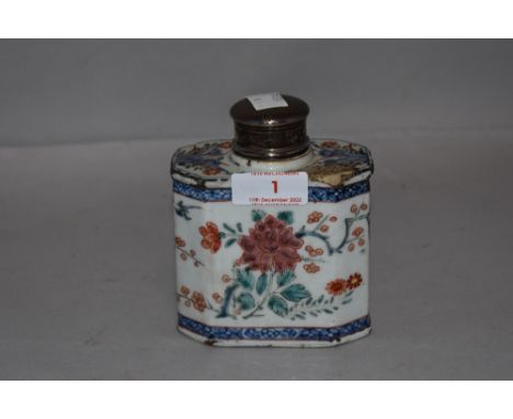 A late 18th century Chinese export porcelain tea caddy decorated with famille rose design and HM silver lid and collar