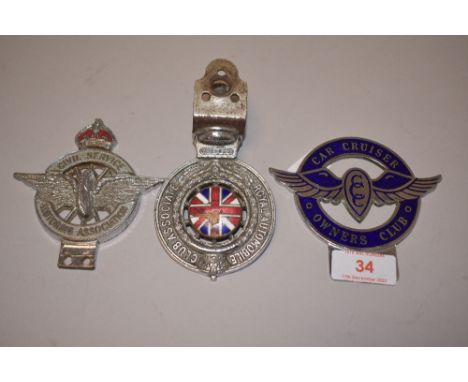 Three 20th century motor car badges for Car Cruiser Owners Club, Royal Automobile Club Association and Civil Service Motoring