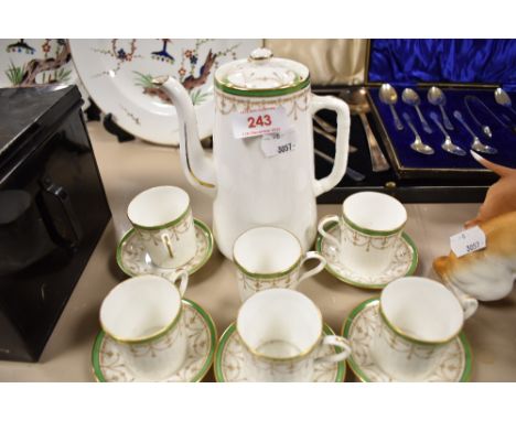 A set of six Bistro England coffee cans and saucers, also coffee pot having green band and gilt swag detailing.