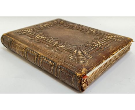 An embossed leather bound scrap/photo album containing several book plates and portrait engravings (a/f)