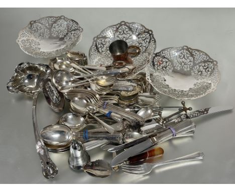 A large collection of Epns to include part sets of flatware, three pierced cake stands, two table lighters, punch ladle, tea 