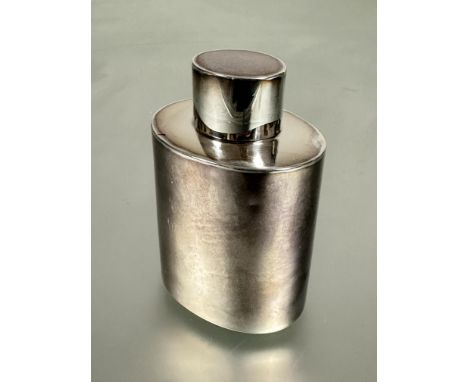 A late Victorian London silver oval loose leaf tea caddy complete with original top some small bumps H x 10cm L x 7cm W x 5cm