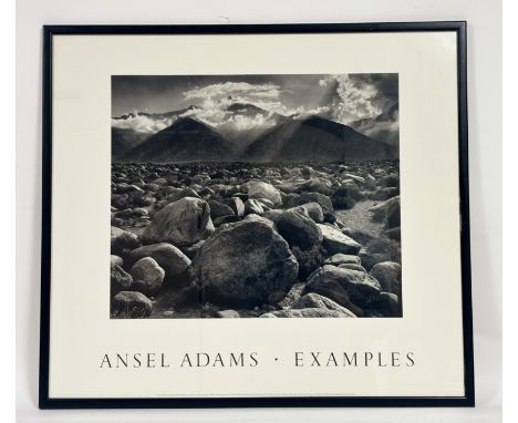 A framed black and white poster of "Mount Williamson, Sierra Nevada from Manzar California 1944" by/for Ansel Adams (American