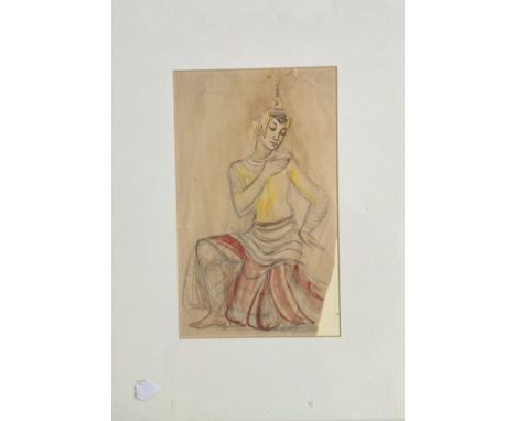 Property of the Late Countess Haig - Unknown Artist, A Thai Sketch of a dancer in traditional costume, pencil highlighted wit