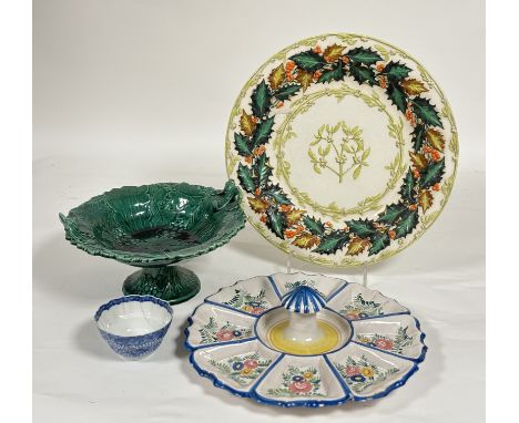 A collection of decorative items comprising, a Majolica style twin handles green glazed fruit bowl stand raised on circular b
