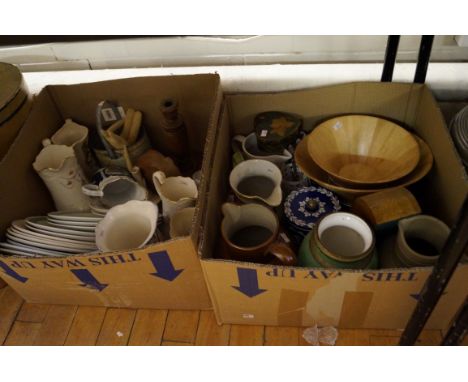 A large collection of assorted ceramics, metalware, to include a vintage hat box, Victorian jugs, coal box, large stoneware j
