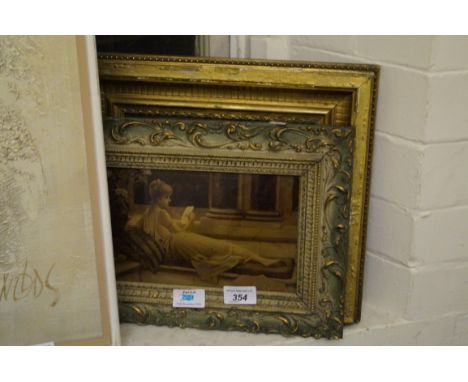 Two Victorian crystolia the first being landscape shade depicting a lady reclined reading 