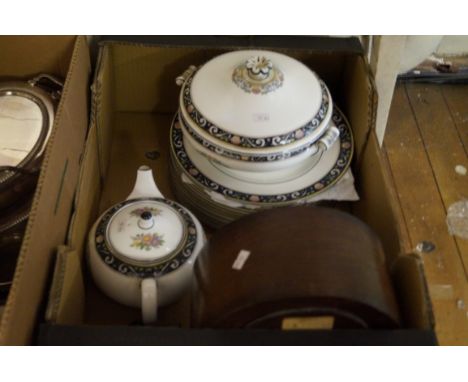 A 1920/30's oak mantel clock together with Wedgwood Runnymead pattern part service etc.