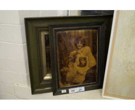 Two Victorian crystolia the first depicting two ladies having tea in the garden the second depicting a girl with dog and cat 