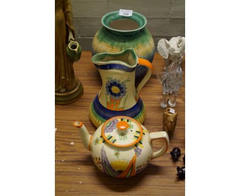 A collection of Art Deco ceramics to include a Myott & Son jug having floral decoration, a Beswick vase having dripped glazed