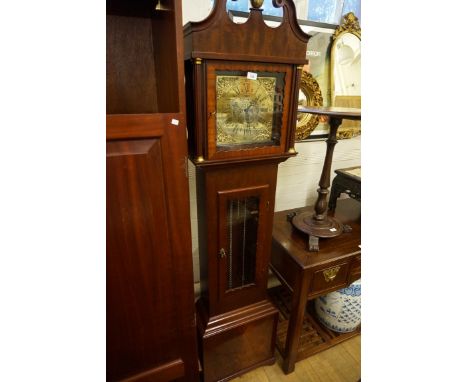 A modern mahogany longcase clock, the square brass dial marked E J Goodfellow Wadebridge, the hood with twin columns, brass m