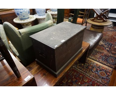 A black painted late 19th/early 20th Century tool chest, lift up lid to reveal storage compartment and single drawer, twin lo