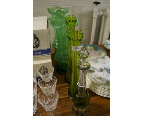 Five pieces of assorted 20th Century glassware to include a pair of vases having green bubble style decoration a Flash glass 