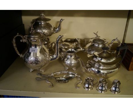 Two vintage silver plated tea services together with a condiment set.