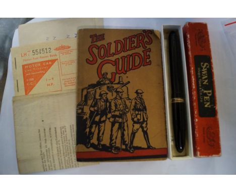 A Soldiers guide book together with some motor fuel ration book World War II, etc together with a Swan pen with 14ct nib (qty