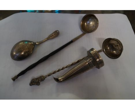 Two hallmarked silver toddy ladles, one example with figural finial and Georgian hallmarked silver scoop and a further hallma