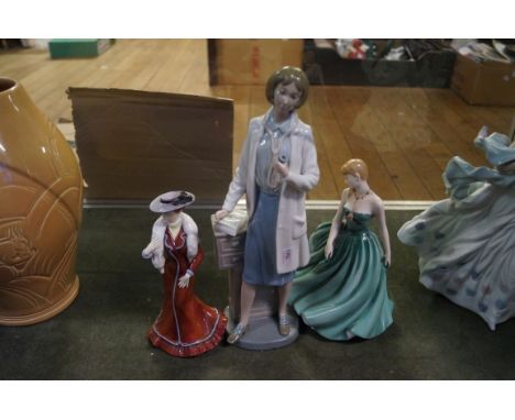 A Nao Lladro figure of a doctor with a stethoscope and a Royal Doulton Classics figure 'Sarah' and a Francesca Art China figu