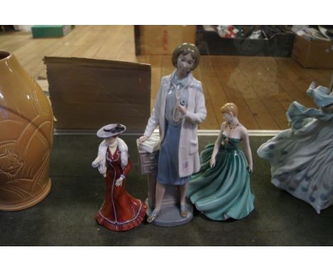 A Nao Lladro figure of a doctor with a stethoscope and a Royal Doulton Classics figure 'Sarah' and a Francesca Art China figu