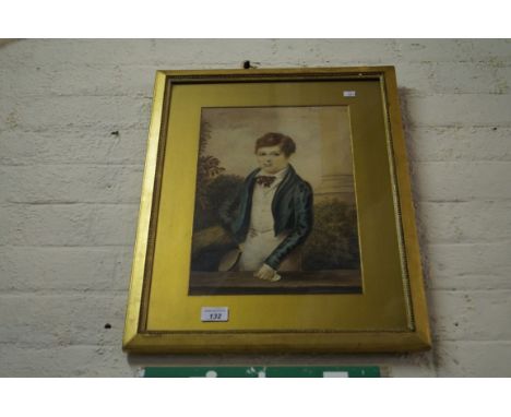 A 19th century watercolour depicting a portrait of a boy wearing a blue jacket in landscape scene 
