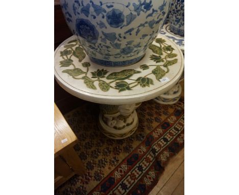 A pair of Chinese circular ceramic tables, the top decorated with flowers, base in the form of an elephant.