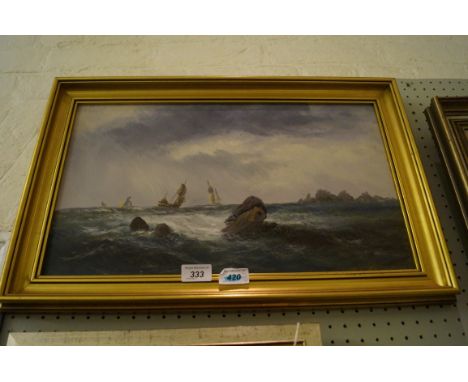 A 20th century oil on board depicting sailing vessels in seascape 