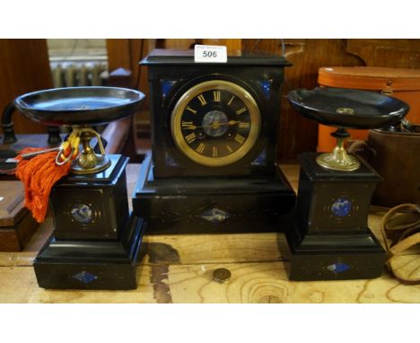 A Victorian slate and marble three piece clock garniture the dial with Roman numerals marked Godeau. CONDITION REPORT: Clock 