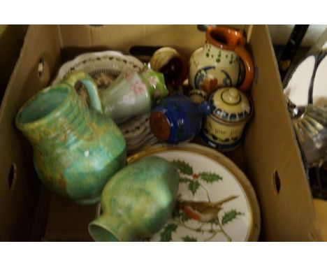 A mixed lot of assorted ceramics to include Motto ware, Art Deco green glazed jug, etc.
