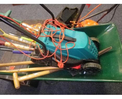 FLYMO, BLACK &amp; DECKER, BOSCH GARDEN ELECTRICALS and wheelbarrow with hand tool contents E/T along with a vintage tin trav