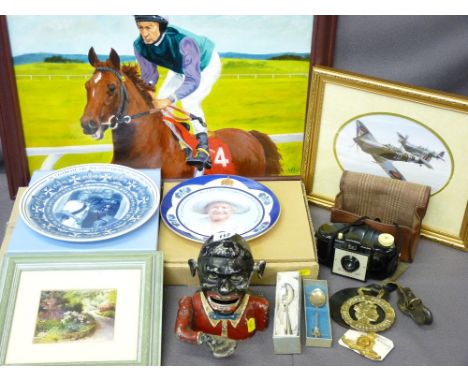 MIXED COLLECTABLES to include a Dinah money bank, Lester Piggott oil on canvas, initialled 'W E J', further prints, boxed col