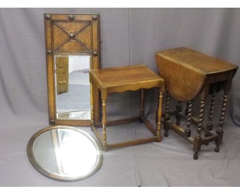 NEAT BARLEY TWIST OAK GATE-LEG TABLE, one other table and two oak framed vintage mirrors, various measurements