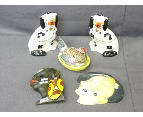 STAFFORDSHIRE WARE, pottery wall masks, a quantity including a colourful hen on nest, pair of Arthur Wood dogs ETC