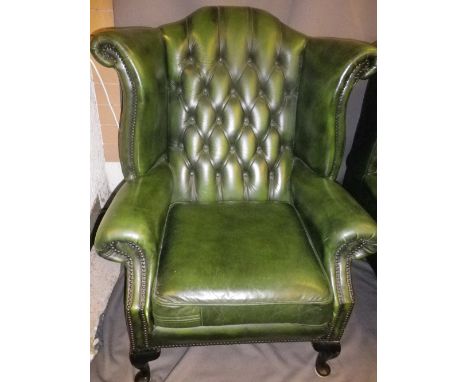 ANTIQUE STYLE BUTTON BACK GREEN LEATHER EFFECT WING BACK ARMCHAIR, 109cms H, 83cms W, 52cms seat D