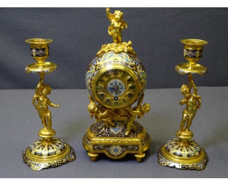 19TH CENTURY FRENCH CHAMPLEVE ENAMEL &amp; GILT ORMOLU CLOCK GARNITURE, the ball cased movement No 585 stamped 'CD?', shield 
