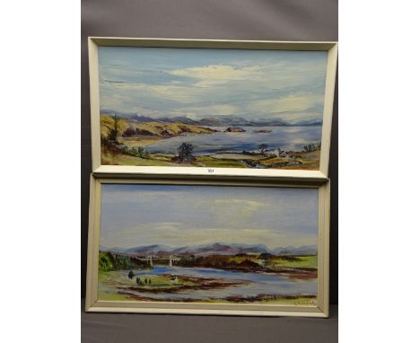 G A LLOYD oils on board, a pair - Menai Straits and Suspension Bridge and Anglesey seascape with mountain backdrop, each 36 x