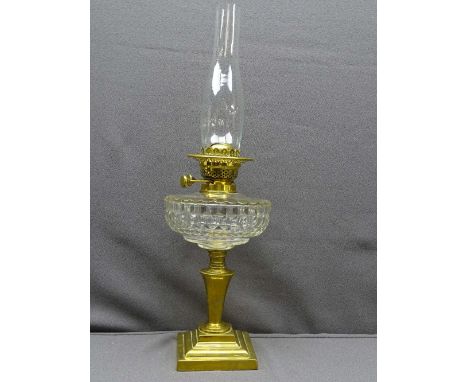 BRASS BASED VICTORIAN OIL LAMP with cut glass clear font, 60cms overall height
