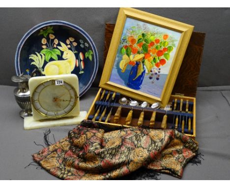 CASED CANTEEN OF HORN HANDLED CUTLERY and other collectables including an onyx marble mantel clock, vintage shawl, painted wo