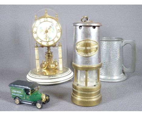 MINER'S LAMP marked 'Ashington Colliery', a Kundo mantel clock, a pewter tankard ETC