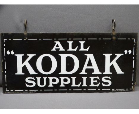 ORIGINAL BLACK &amp; WHITE ENAMEL ADVERTISING SHOP SIGN, displaying (ALL KODAK SUPPLIES), original exterior hanging hooks, 30