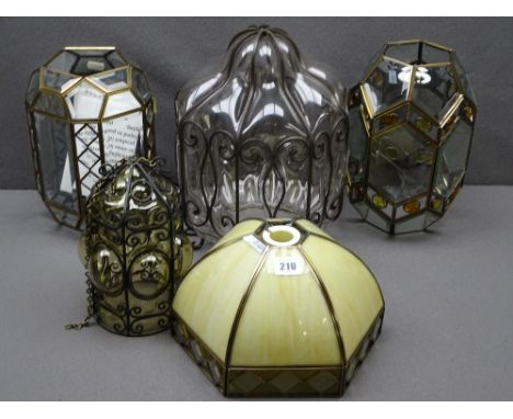 FIVE MODERN CEILING &amp; HALL LIGHT LAMP SHADES including two bevelled edge glass examples, two blown glass and wirework exa