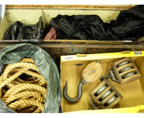 VINTAGE TIN TRUNK, fur coat and other clothing, a length of heavy gauge rope and three block and tackle hooks